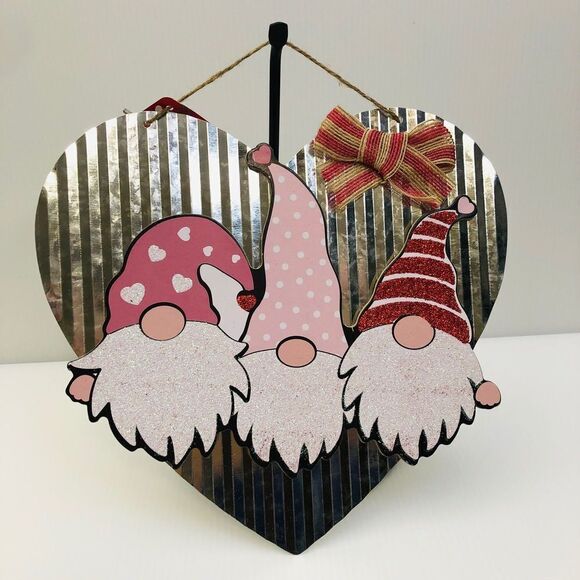 Valentine’s Galvanized Metal Heart Home Decor Signs with Gnomes - Picture 1 of 3